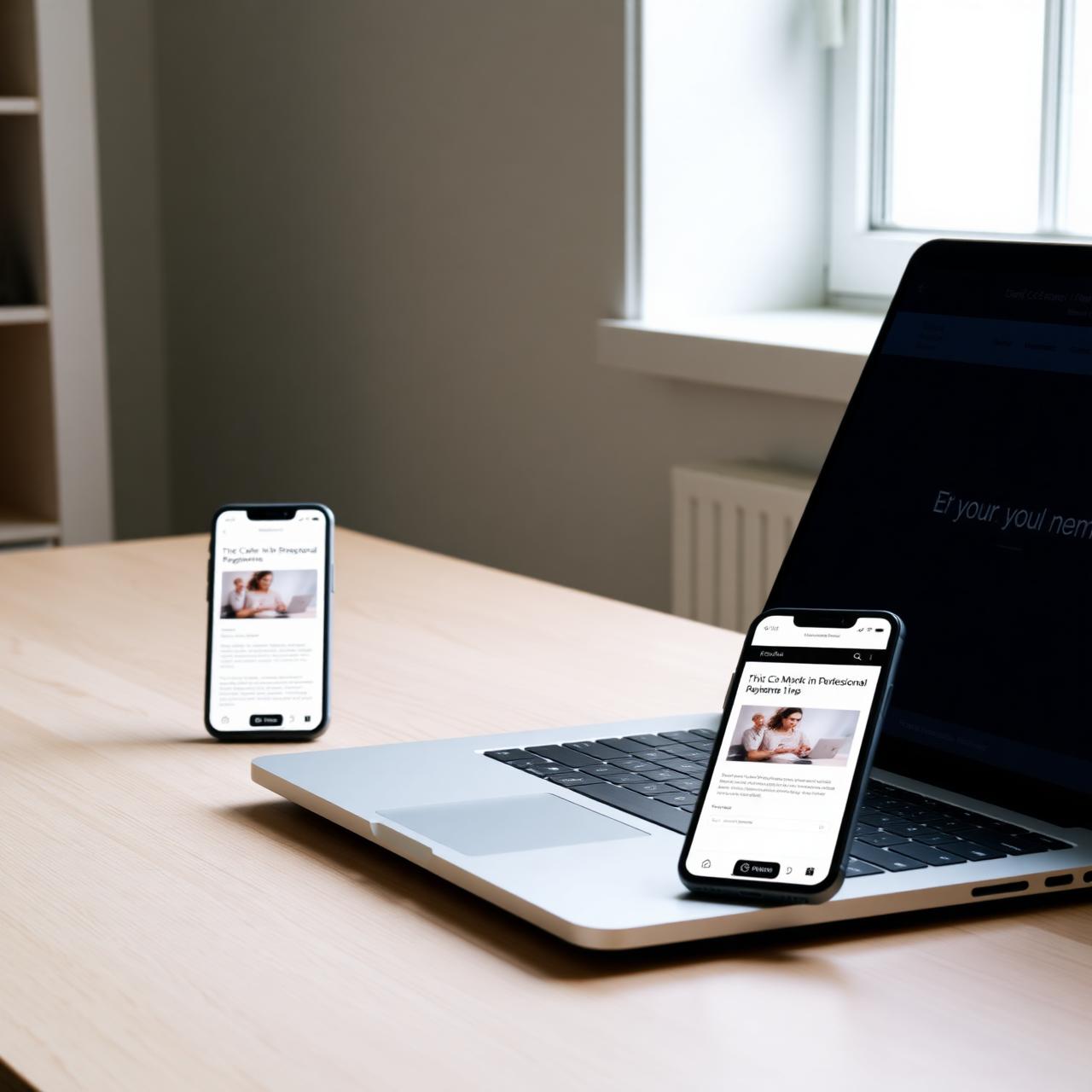 Ordinateur portable et smartphone affichant un site web professionnel dans un studio lumineux